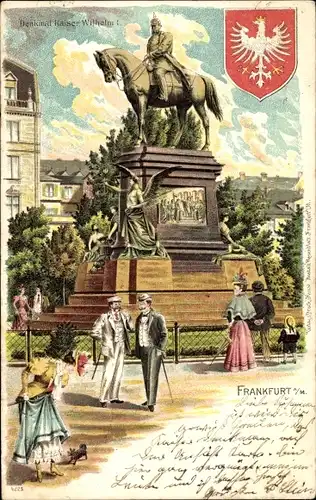 Wappen Litho Frankfurt am Main, Kaiser Wilhelm I. Denkmal, Gesamtansicht, Passanten