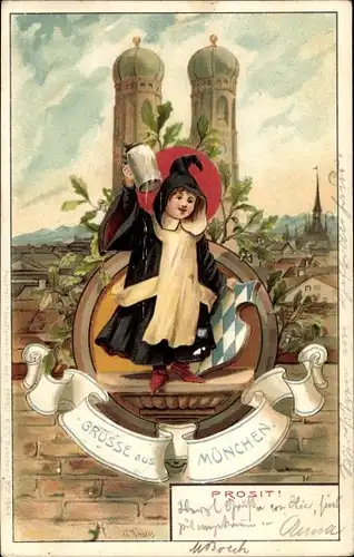 Litho München, das Münchener Kindl mit Wappen, Frauenkirche