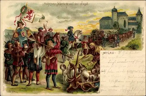 Künstler Litho Langbein, Robert, Mylau im Vogtland, Rückkehr Karl IV von der Jagd