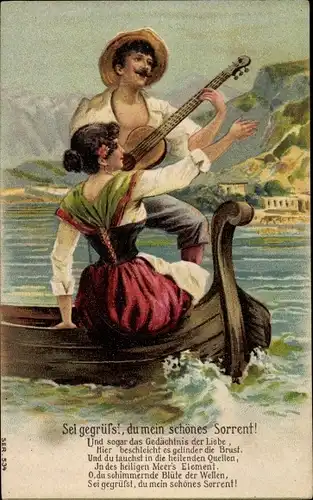 Präge Ak Sorrento Campania, Sei gegrüßt, du mein schönes Sorrent, Paar in italienischer Tracht, Boot