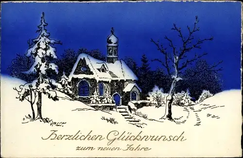 Ak Glückwunsch Neujahr, Winterlandschaft mit Kirche