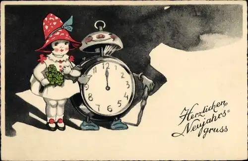 Ak Glückwunsch Neujahr, Mädchen mit Pilzhut und Kleeblättern, vermenschlichte Uhr, Wecker