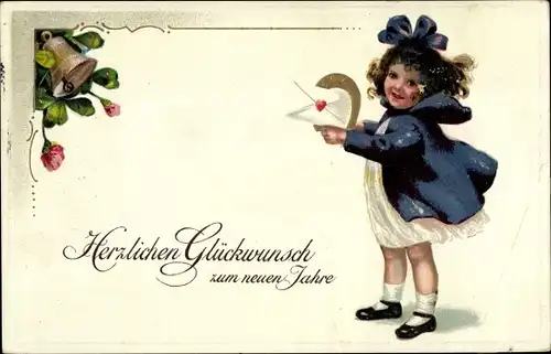 Ak Glückwunsch Neujahr, Mädchen mit Hufeisen, Kleeblätter, Glocke