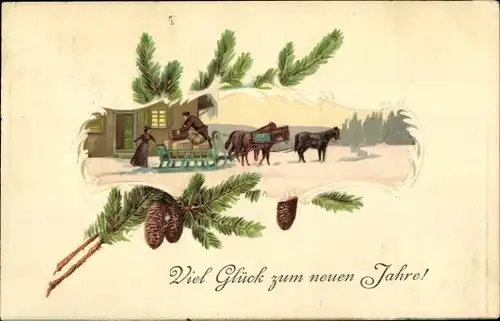 Präge Ak Glückwunsch Neujahr, Schlittengespann wird beladen