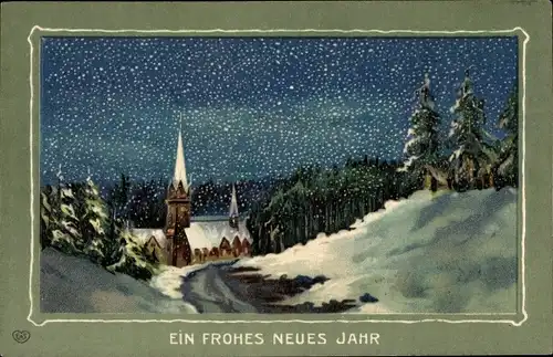 Präge Ak Glückwunsch Neujahr, Winterlandschaft mit Kirche, Schneefall