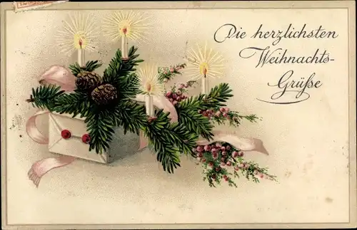 Ak Glückwunsch Weihnachten, Tannenzweige, brennende Kerzen