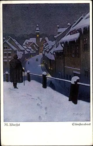 Künstler Ak Würffel, M., Silvesterabend, Ortschaft, Schnee