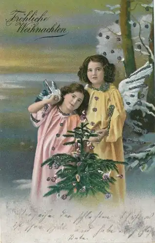 Glitzer Ak Glückwunsch Weihnachten, Engel mit Tannenbaum