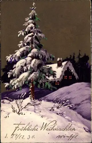 Ak Glückwunsch Weihnachten, Eingeschneites Haus, Tannenbaum