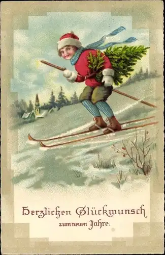 Ak Glückwunsch Neujahr, Skifahrt, Tannenbaum