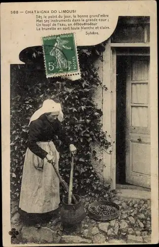 Ak Haute Vienne Frankreich, Frau in Tracht, Chataigna do Limousi, Kastanien