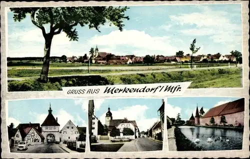 Ak Merkendorf in Mittelfranken, Teilansicht, Tor, Kirche, Teich