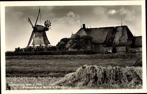 Ak Boldixum Wyk auf Föhr Nordfriesland, Friesenhaus und Windmühle