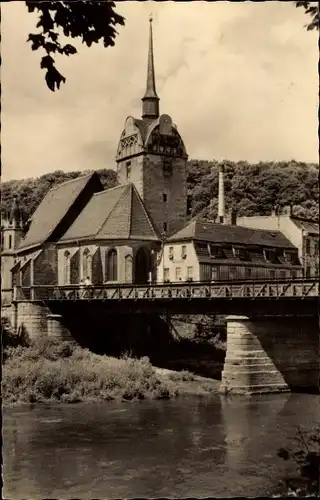 Ak Untermhaus Gera in Thüringen, Partie an der Weißen Elster, Kirche, Brücke