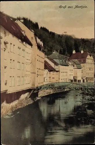 Ak Monschau i.d. Eifel, Kanalpartie mit Brücke und Häuserreihe
