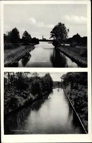 Ak Groß Köris im Kreis Dahme Spreewald, Teilansichten, Schulzensee, Eisenbahnkanal