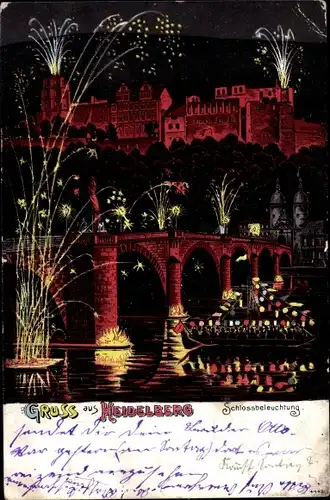 Ak Heidelberg am Neckar, Schlossbeleuchtung, Feuerwerk