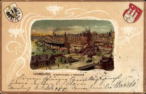 Präge Wappen Litho Hamburg Mitte Altstadt, Lagerhäuser im Freihafen