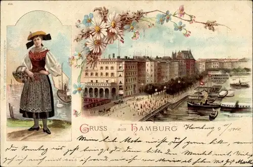 Litho Hamburg Mitte Altstadt, Vierländer Tracht, Alsterpartie