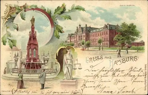 Litho Hamburg Mitte Altstadt, Kaiser-Karl-Brunnen, Justizgebäude