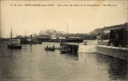Ak Boulogne sur Mer Pas de Calais, Un Coin du Port, Le Paquebot Au Revoir