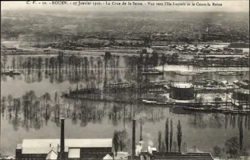 Ak Rouen Seine Maritime, La Crue de la Seine, Vue vers l'Ile Lacroix, Cours la Reine, Janvier 1910