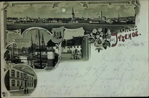 Mondschein Litho Itzehoe in Holstein, Panorama, Lange Brücke, Prinzesshof,