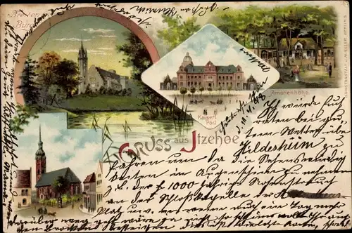 Litho Itzehoe in Holstein, Breiten Burg, Amonenhöhe, Post, St. Laurenthy