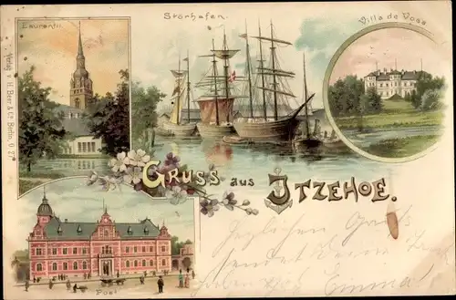 Litho Itzehoe in Holstein, Laurentii Kirche, Störhafen, Villa de Voss, Post