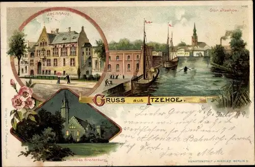 Litho Itzehoe in Holstein, Kreishaus, Schloss Breitenburg, Stör, Segelschiffe