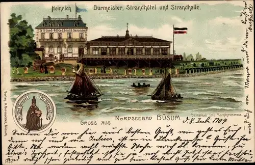 Litho Nordseebad Büsum, Strandhotel, Strandhalle, Damenbad, Hauptpromenade