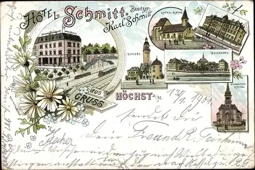 Litho Höchst Frankfurt am Main, Hotel Schmitt, Schloss, Kirche, Bolongaro, Realprogymnasium