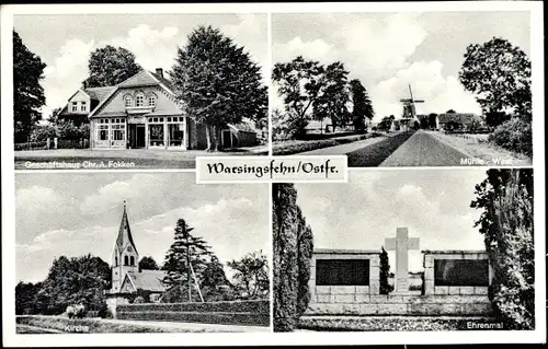 Ak Warsingsfehn Moormerland in Ostfriesland, Windmühle, Ehrenmal, Kirche, Geschäftshaus