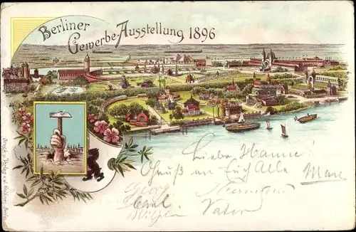 Litho Berlin Treptow, Gewerbeausstellung 1896, Ausstellungsgelände, Hand mit Hammer