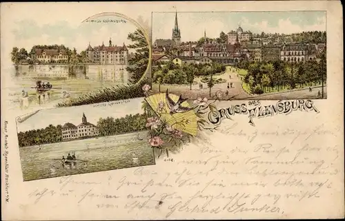 Litho Flensburg in Schleswig Holstein, Schloss Glücksburg, Blick auf den Ort