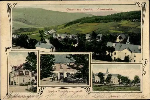 Jugendstil Ak Kemtau Burkhardtsdorf im Erzgebirge, Schule, Materialwarenhandlung, Restaurant