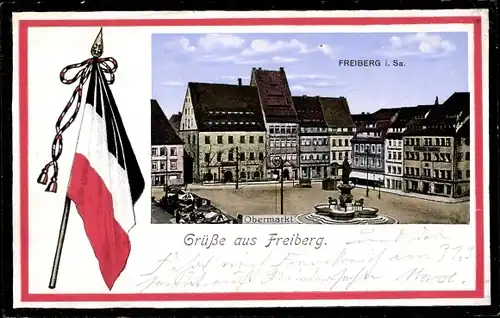 Ak Freiberg in Sachsen, Obermarkt, Brunnen, Fahne