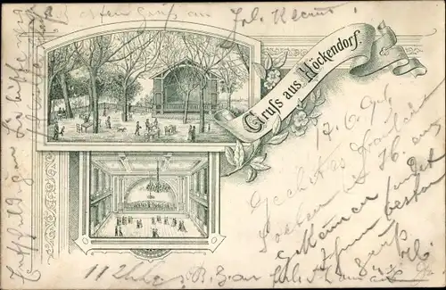 Vorläufer Litho Höckendorf Glauchau in Sachsen, Gasthaus, Innenansicht, Garten, Musikpavillon, 1894