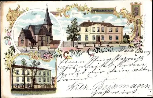 Litho Carlow Mecklenburg, Kirche, Gasthof, Schule