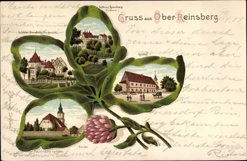 Kleeblatt Litho Ober Reinsberg in Sachsen, Schloss, Gasthof, Kirche