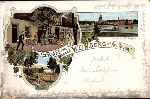 Litho Neuruppin in Brandenburg, Blick auf Altruppin, Tennisplatz, Gasthof Weinberg