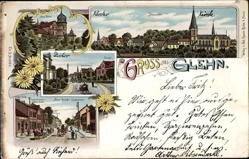 Litho Glehn Korschenbroich am Niederrhein, Kirche, Schule, Totalansicht, Kloster