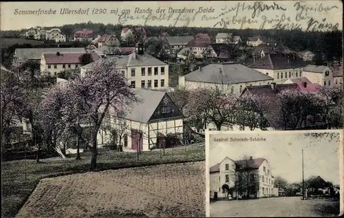 Ak Ullersdorf Radeberg in Sachsen, Gasthof Schmiede Schänke, Blick auf den Ort