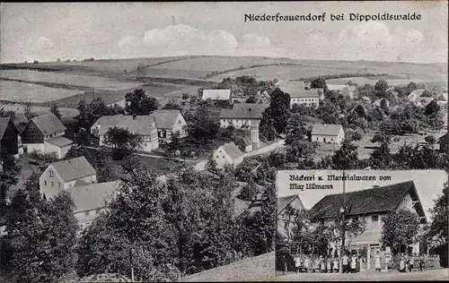 Ak Niederfrauendorf Glashütte im Osterzgebirge, Blick auf den Ort, Bäckerei, Materialwarenhandlung