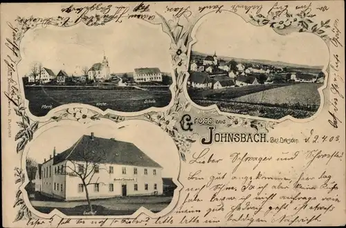 Ak Johnsbach Glashütte im Osterzgebirge, Gasthof, Schule, Pfarre, Kirche, Totalansicht