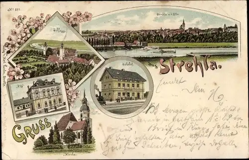 Litho Strehla an der Elbe Sachsen, Bahnhof, Schloss, Post, Kirche, Blick auf den Ort