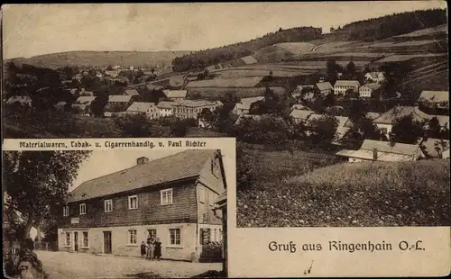 Ak Ringenhain Steinigtwolmsdorf in der Lausitz, Materialwarenhandlung, Blick auf den Ort