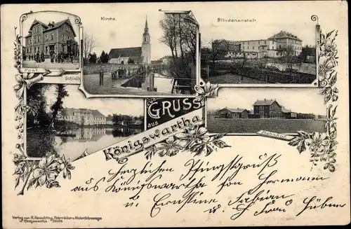 Ak Königswartha in der Oberlausitz, Blindenanstalt, Bahnhof, Kirche, Schloss, Post