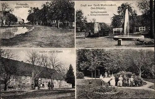 Ak Großwoltersdorf in Brandenburg, Springbrunnen, Kriegerdenkstein, Gasthof, Dorfstraße