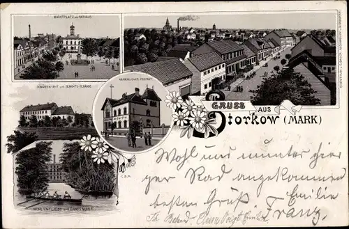 Litho Storkow in der Mark, Marktplatz, Rathaus, Postamt, Dampfmühle, Domäne, Gerichtsgebäude